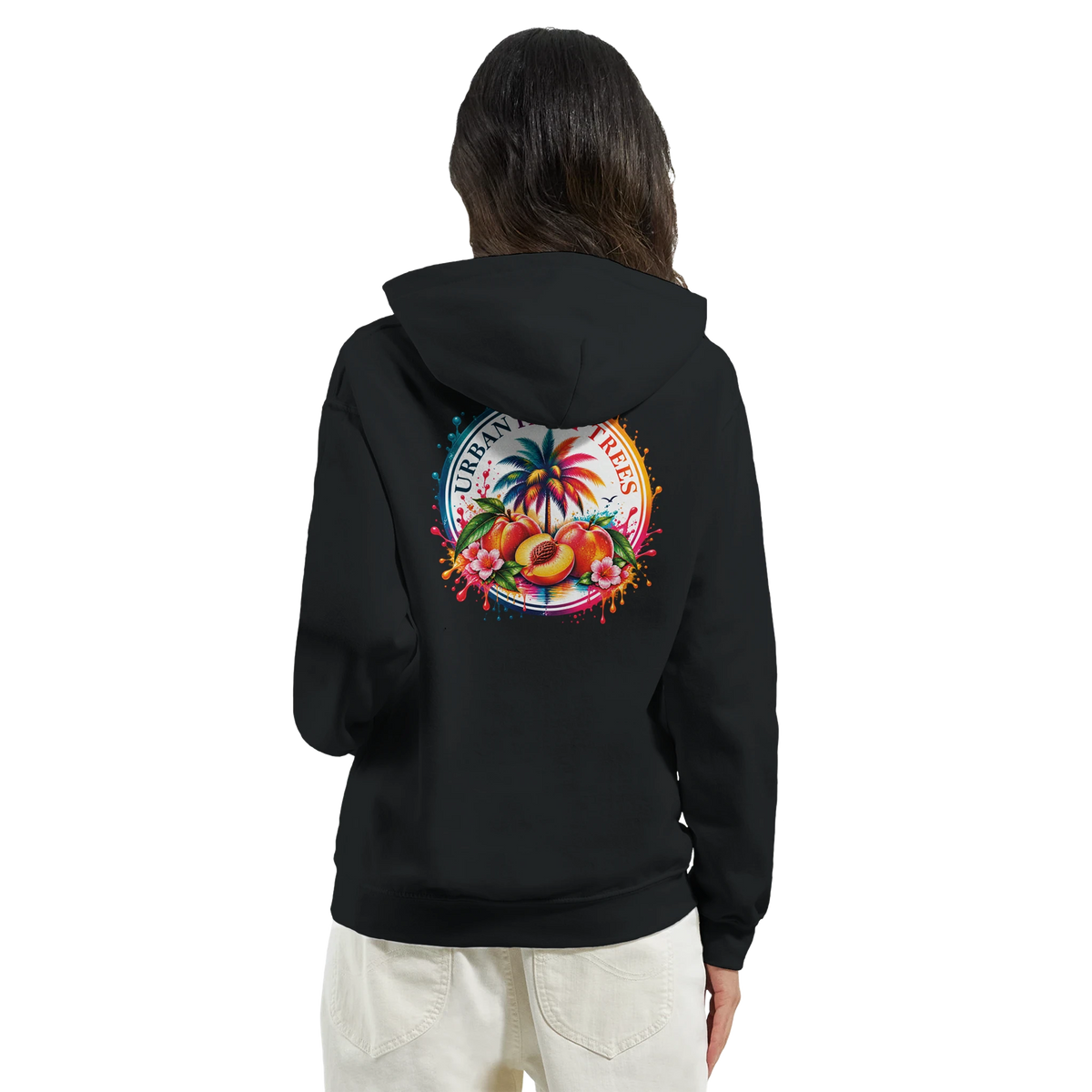 Back view of a black hoodie featuring a colorful retro graphic of peaches and a palm tree on the rear.