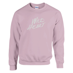 Pastel pink women's crewneck sweatshirt with white Wild Heart graphic.