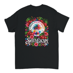 Black t-shirt back featuring retro Sweet Escape cherry graphic with palm tree, hibiscus flowers, and colorful splashes.