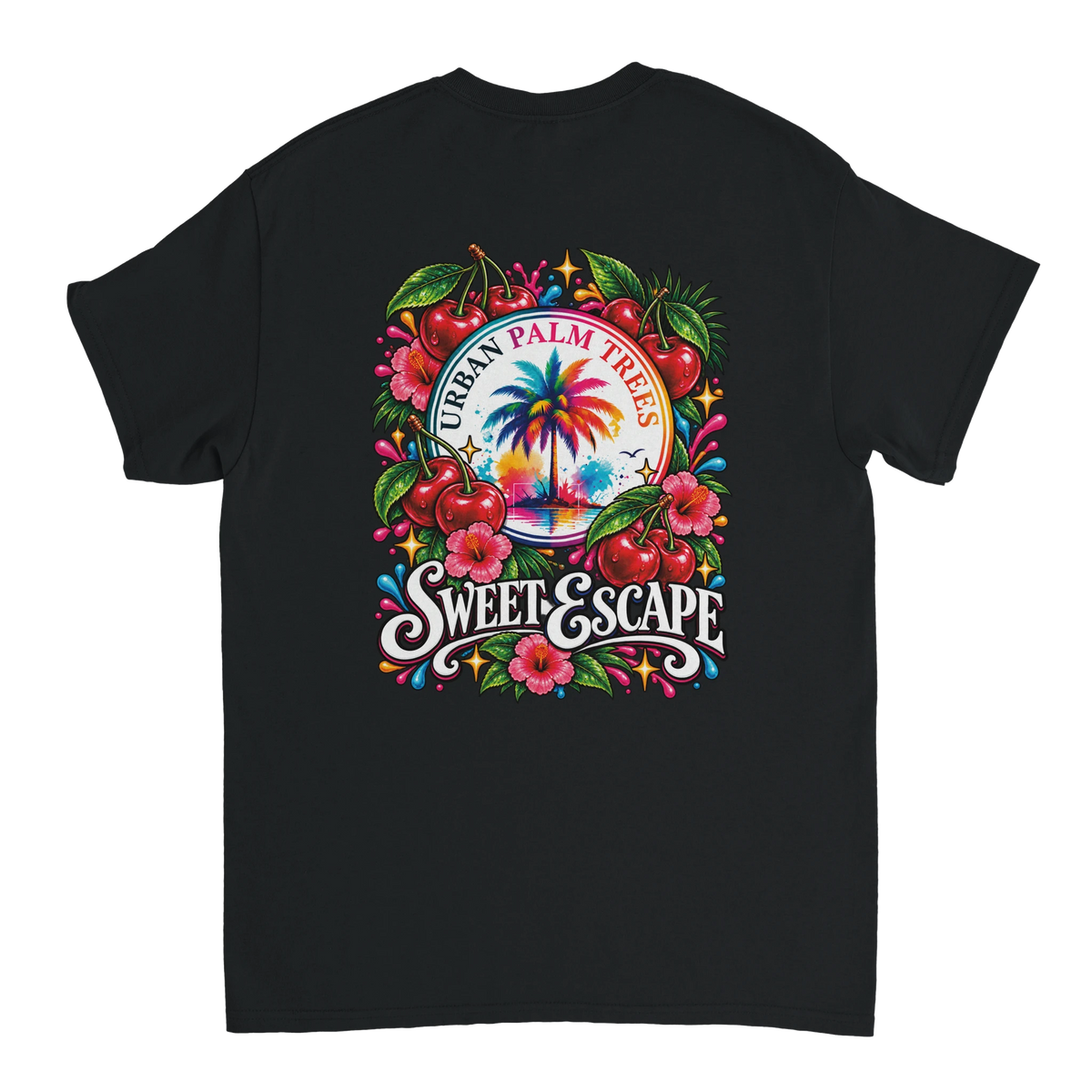 Black t-shirt back featuring retro Sweet Escape cherry graphic with palm tree, hibiscus flowers, and colorful splashes.