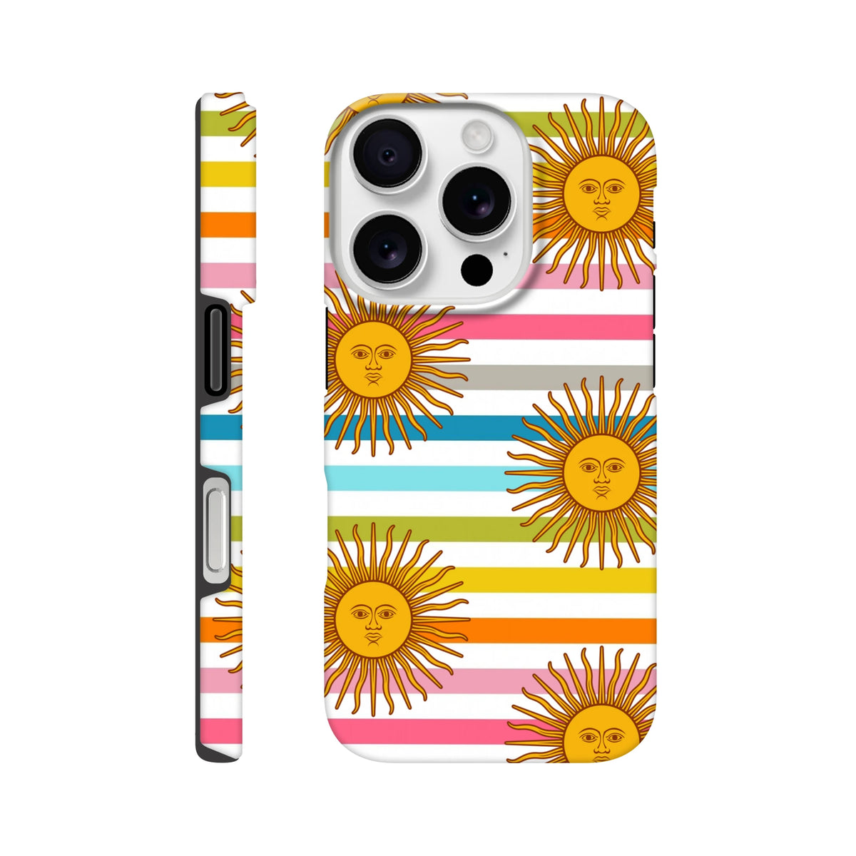 Retro iPhone case featuring celestial sun faces with faces over colorful striped background for durable daily protection.