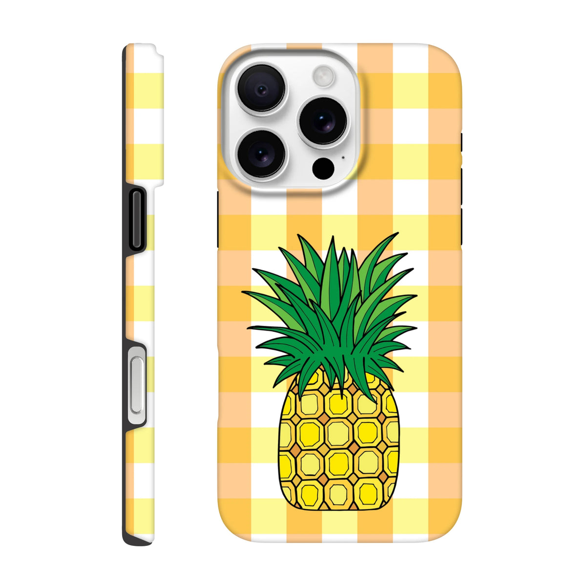Pineapple Gingham tough iPhone case with yellow plaid pattern and tropical fruit design for drop protection.
