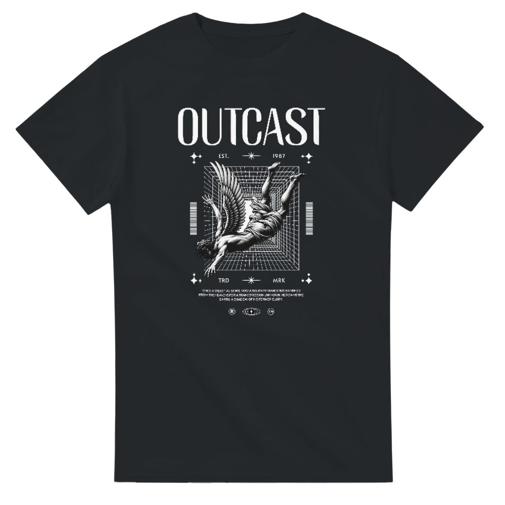Outcast graphic tee in black cotton blend with bold white angel in a geometric grid design; sizes S-XL.
