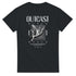 Outcast graphic tee in black cotton blend with bold white angel in a geometric grid design; sizes S-XL.