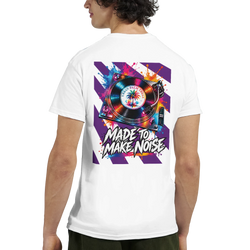 White men's t-shirt back featuring colorful retro DJ turntable graphic and Made To Make Noise text.
