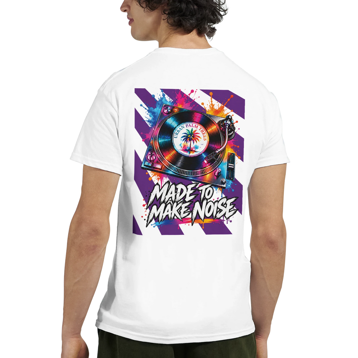 White men's t-shirt back featuring colorful retro DJ turntable graphic and Made To Make Noise text.