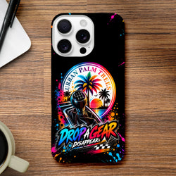 Black iPhone case featuring vibrant "Drop A Gear" gear shift art, palm trees, and colorful paint splashes for modified car culture enthusiasts.
