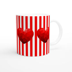 Red Stripe Heart Mug, a cute romantic ceramic coffee cup with vertical red stripes, red hearts, and a white handle.