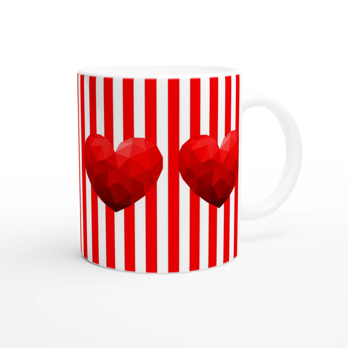 Red Stripe Heart Mug, a cute romantic ceramic coffee cup with vertical red stripes, red hearts, and a white handle.