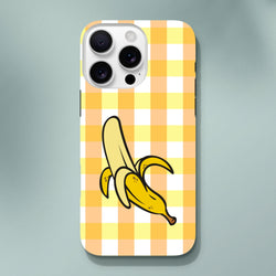 Cute yellow gingham iPhone case featuring a peeled cartoon banana graphic, offering tough protection with a retro checkered street style.