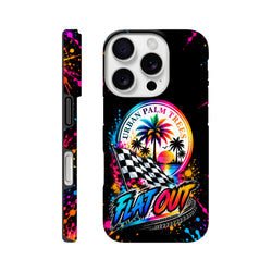 Black iPhone case featuring neon paint splatters, checkered flag, and Urban Palm Trees sunset graphic for modified car culture.