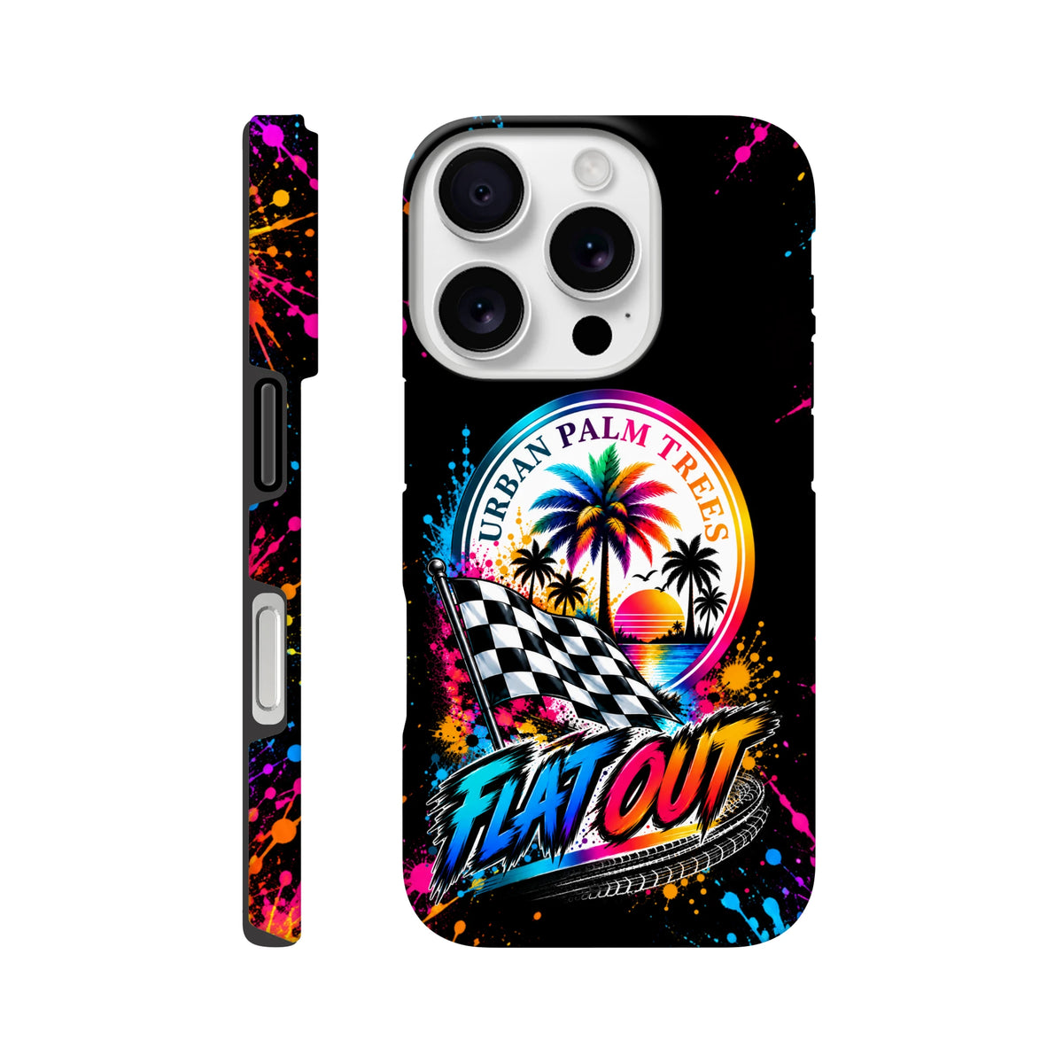 Black iPhone case featuring neon paint splatters, checkered flag, and Urban Palm Trees sunset graphic for modified car culture.