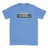 Blue women's T-shirt featuring bold 'BELIEVE IN YOURSELF' slogan in black-and-white blocks.