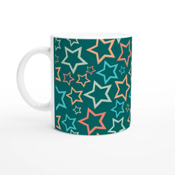 Retro Multicolour Star Mug on teal with peach and blue stars, Y2K aesthetic ceramic coffee cup