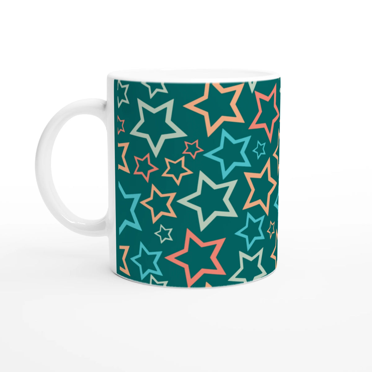 Retro Multicolour Star Mug on teal with peach and blue stars, Y2K aesthetic ceramic coffee cup