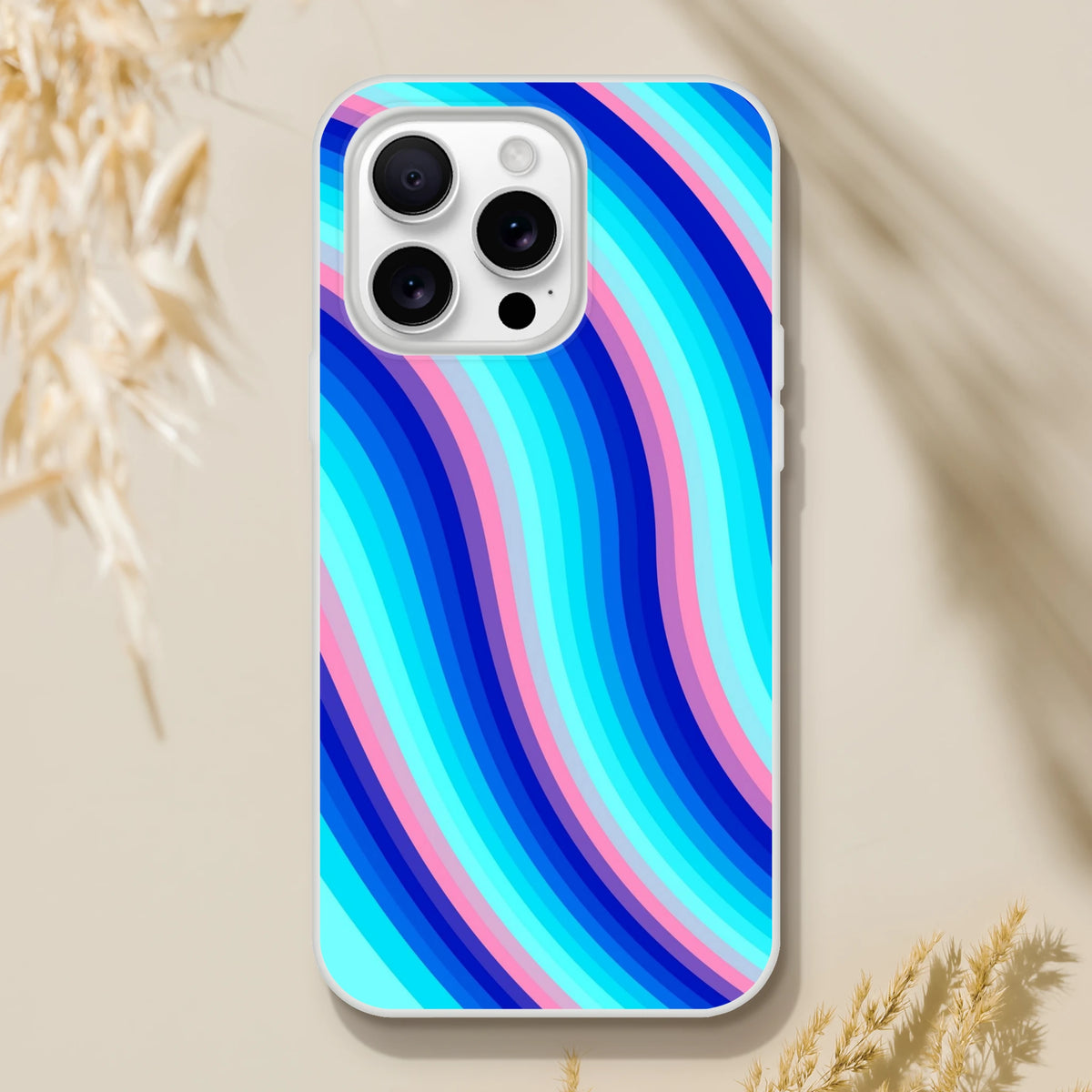 Blue and pink retro wave Y2K swirl iPhone case for iPhone 13–16 with a slim matte shell.