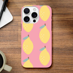 Pink iPhone case featuring a cute yellow lemon fruit pattern on a pink background, offering tough protection for daily urban use.