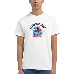 Urban Palm Trees T-Shirt for Men featuring retro palm-tree graphic in rainbow colors