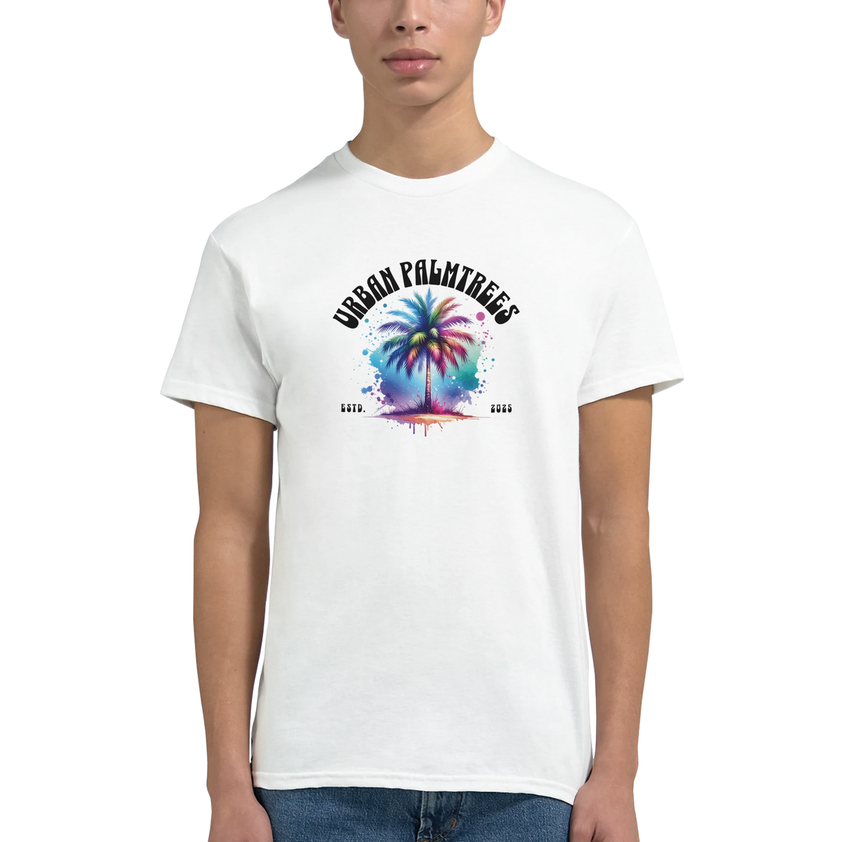 Urban Palm Trees T-Shirt for Men featuring retro palm-tree graphic in rainbow colors