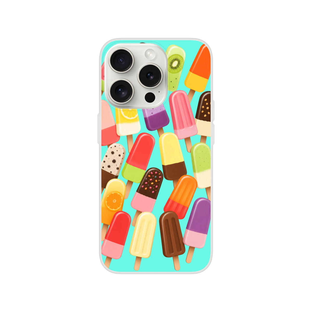 Retro summer popsicle iPhone case featuring colorful ice lolly pattern on turquoise back with shock-absorbing TPU defense.