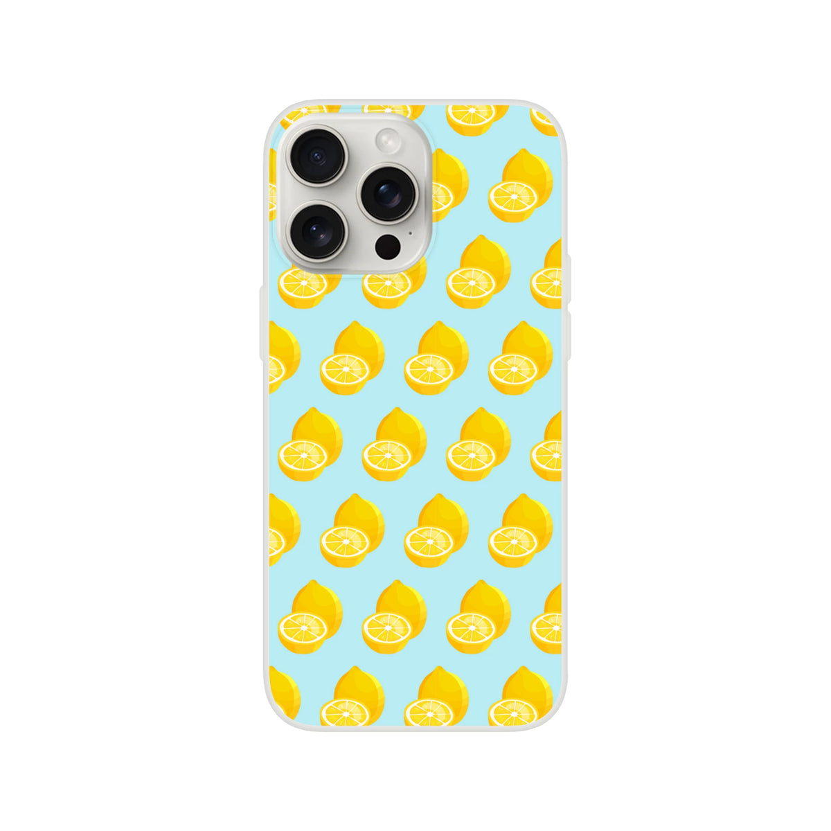 Pastel blue iPhone case featuring a yellow lemon pattern. Cute summer fruit design with shock-absorbing TPU protection for daily use.