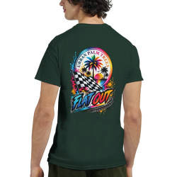 Dark green Flat Out Petrolhead T-shirt featuring a retro graphic of a checkered flag, palm trees, and sunset text on the back.
