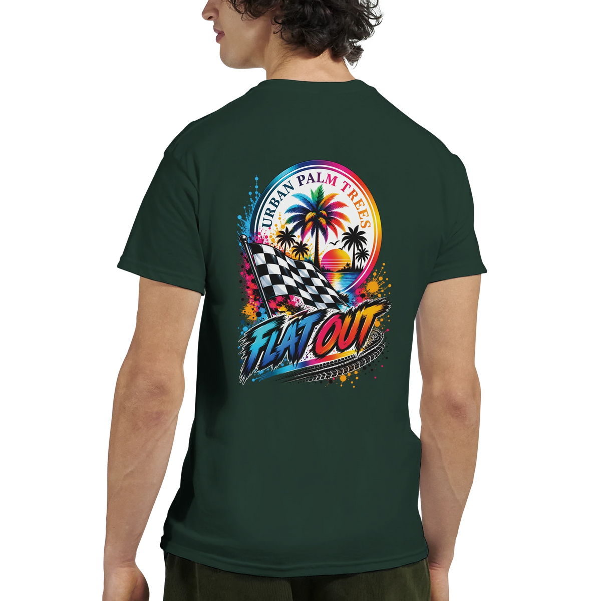Dark green Flat Out Petrolhead T-shirt featuring a retro graphic of a checkered flag, palm trees, and sunset text on the back.