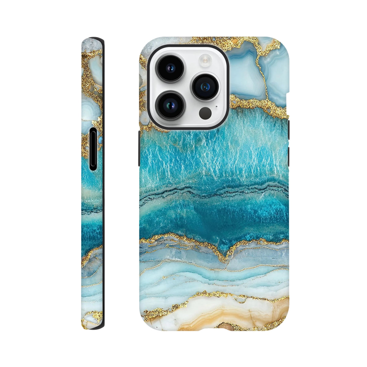 Blue Agate tough iPhone case featuring teal and gold marble design for models 13 to 16.