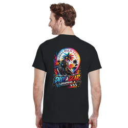 Man wearing black tee with colorful "Drop a Gear Disappear" graphic featuring shift knob, palm trees, and sunset. Modified car culture streetwear.