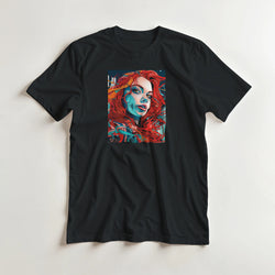 Black men's t-shirt featuring a bold artistic graphic of a redheaded woman with vibrant blue shading and streetwear aesthetic.