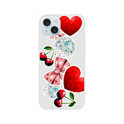 Transparent iPhone case with Y2K sticker aesthetic featuring cherries, disco balls, pink bows, and faceted red hearts.