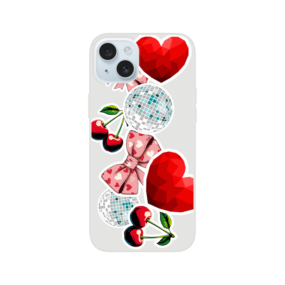 Transparent iPhone case with Y2K sticker aesthetic featuring cherries, disco balls, pink bows, and faceted red hearts.
