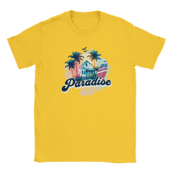 Yellow women's T-shirt featuring a retro paradise graphic with palm trees, a house, and a surfboard.