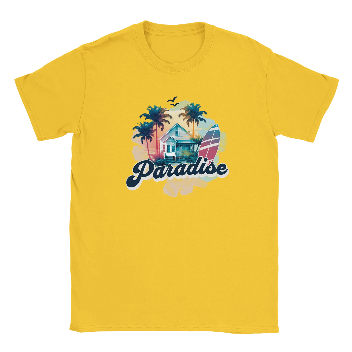 Yellow women's T-shirt featuring a retro paradise graphic with palm trees, a house, and a surfboard.