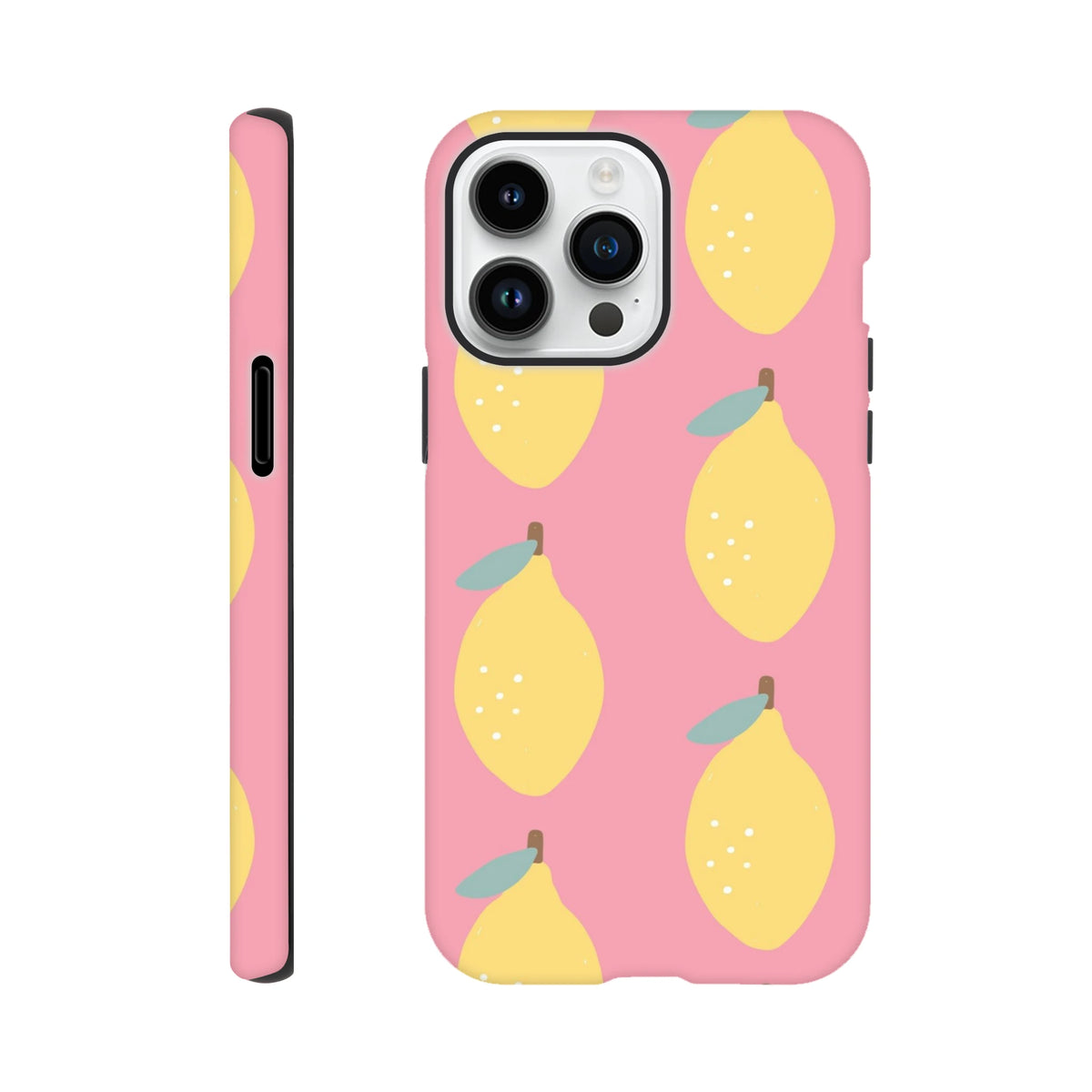 Pink lemon tough iPhone case with cute yellow lemon fruit pattern on a pink background for models 13-16.