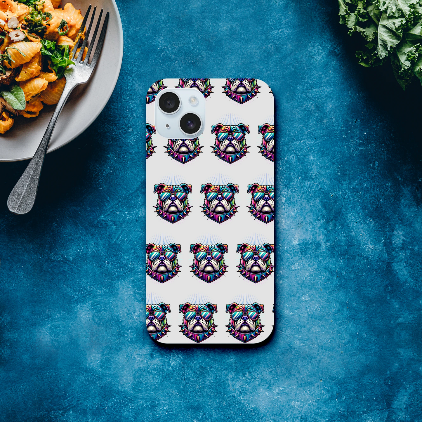 Bulldog head phone case with glossy dual-layer protection for iPhone 16–13, wraparound print on back and sides.