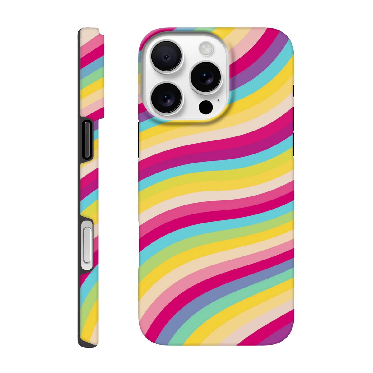 Rainbow wave retro stripe iPhone case with shock-absorbing TPU protection and vivid, scuff-resistant colorful curved lines.