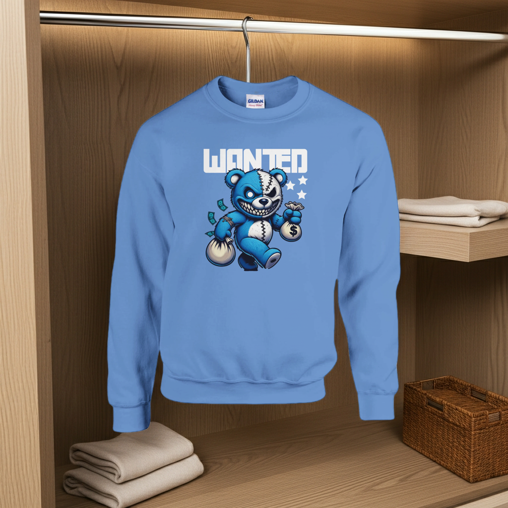 Blue sweatshirt with a graphic design of a bear and text 'WANTED' hanging in a wooden wardrobe.