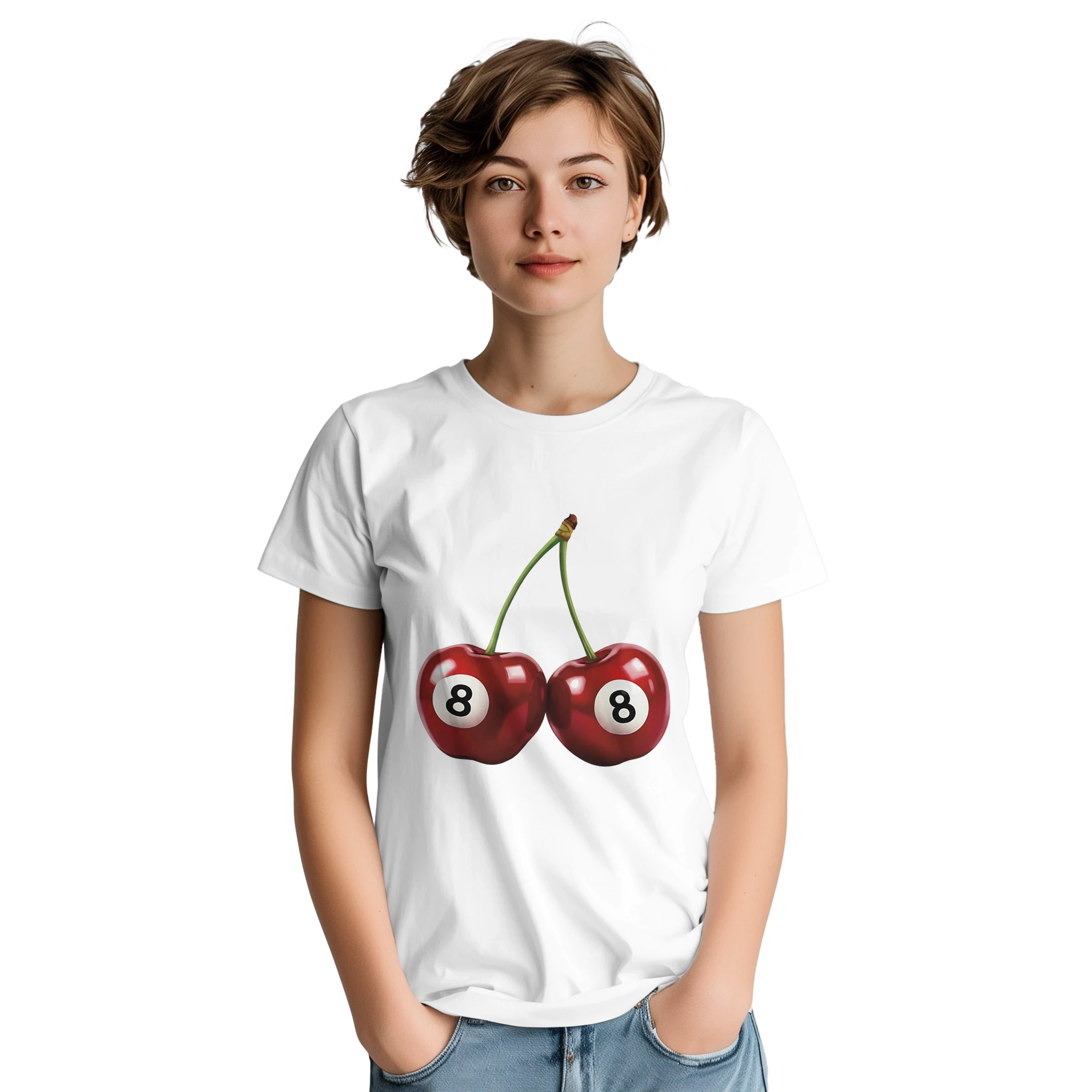 White Lucky Cherries T Shirt with two cherries labeled 8 on front, worn by a woman.