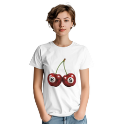 White Lucky Cherries T Shirt with two cherries labeled 8 on front, worn by a woman.