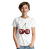 White Lucky Cherries T Shirt with two cherries labeled 8 on front, worn by a woman.