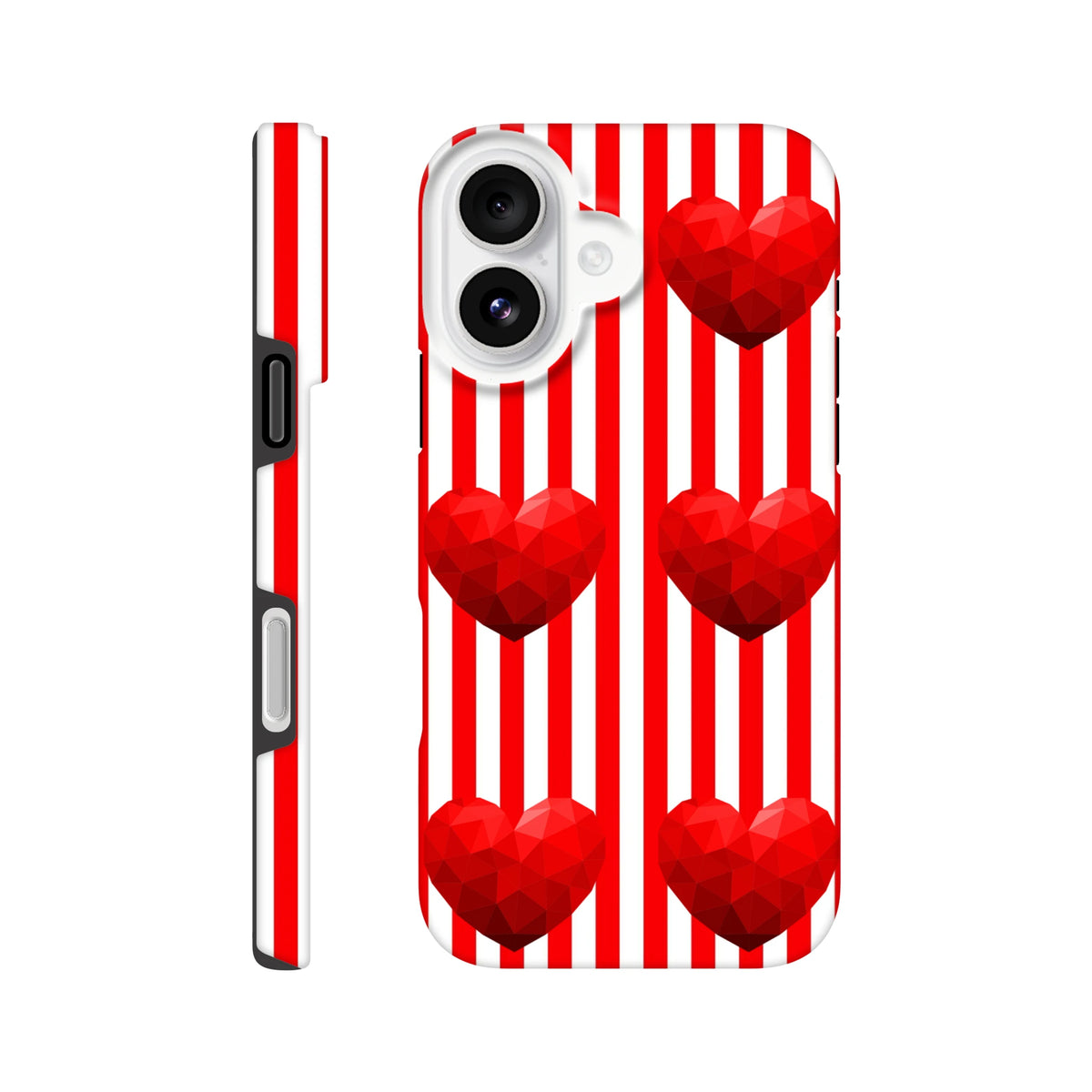 Red and white striped iPhone case with low-poly red hearts, offering tough retro streetwear protection for iPhone 13-16.
