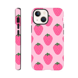 Pink tough iPhone case featuring a cute strawberry pattern with high-gloss print for reliable defense on iPhone 13-16 models.