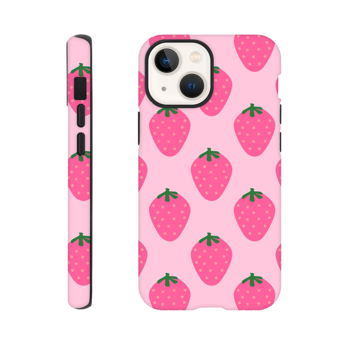 Pink tough iPhone case featuring a cute strawberry pattern with high-gloss print for reliable defense on iPhone 13-16 models.