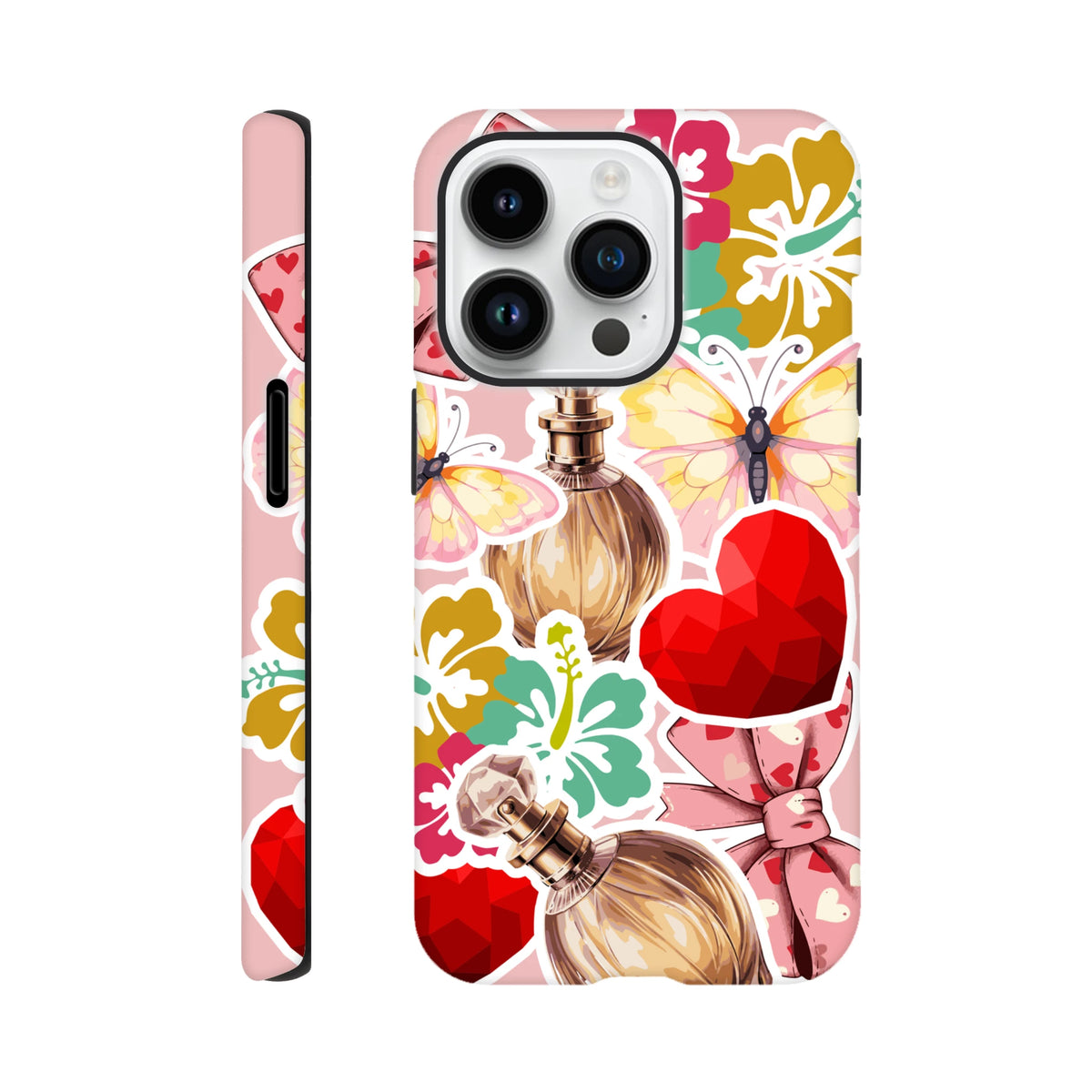 Pink floral sticker effect iPhone case featuring butterfly, perfume bottle, and red heart graphics on a tough protective cover.