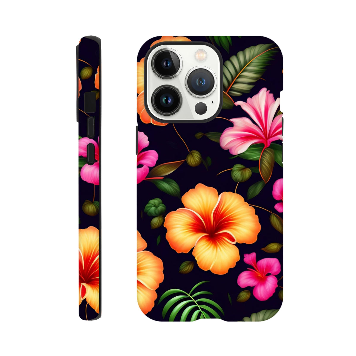 Tropical floral tough iPhone case featuring vibrant pink and orange hibiscus flowers with green leaves on a dark background.