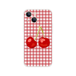 Cute cherry gingham iPhone case for 13-16 with Coquette aesthetic; bold red cherries on red-and-white gingham.