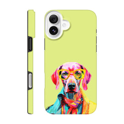 Vibrant pop art dog phone case featuring a colorful hound in yellow glasses and scarf on a lime green tough protective cover.