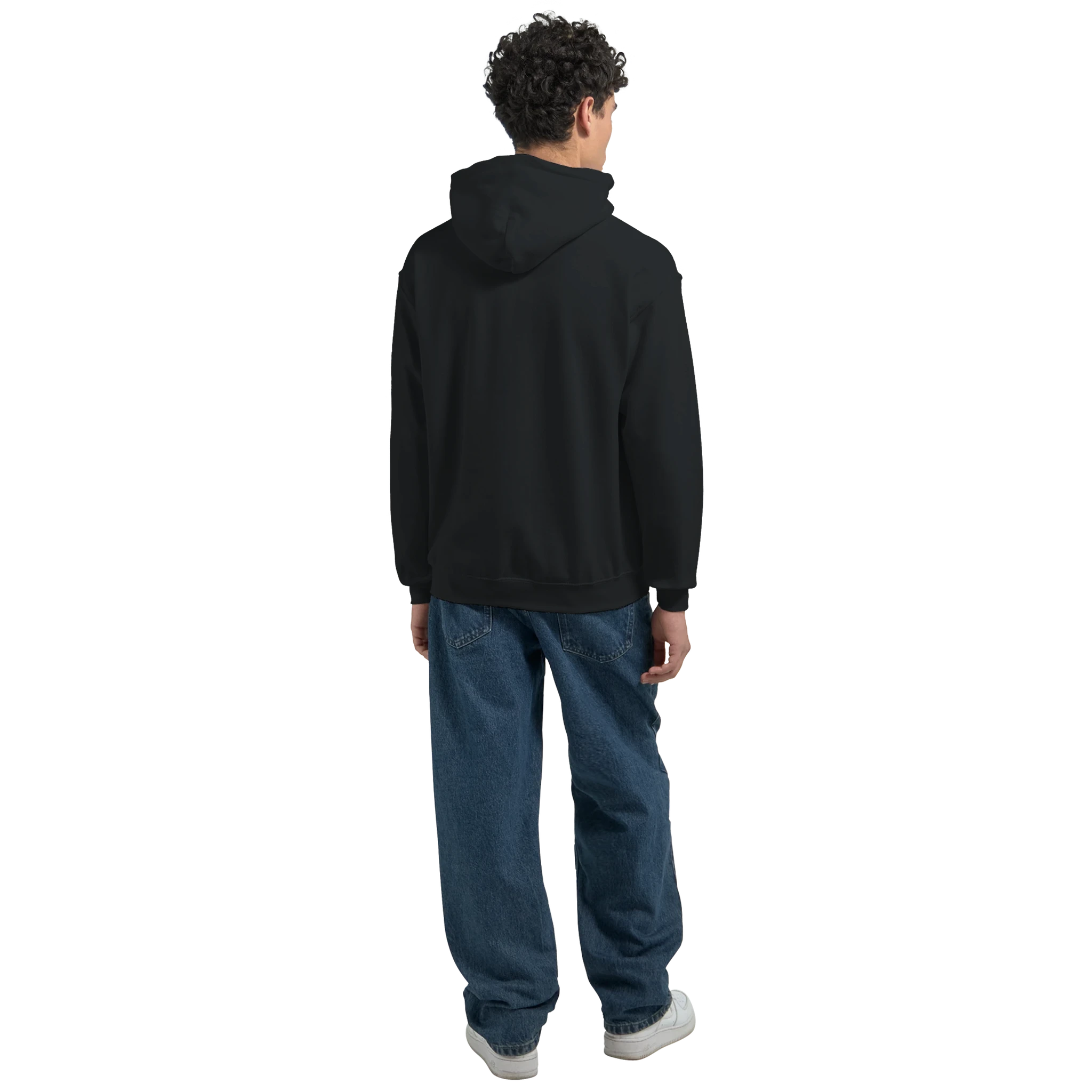 Back view of a man wearing a black DJ Bear hoodie with blue jeans and white sneakers.