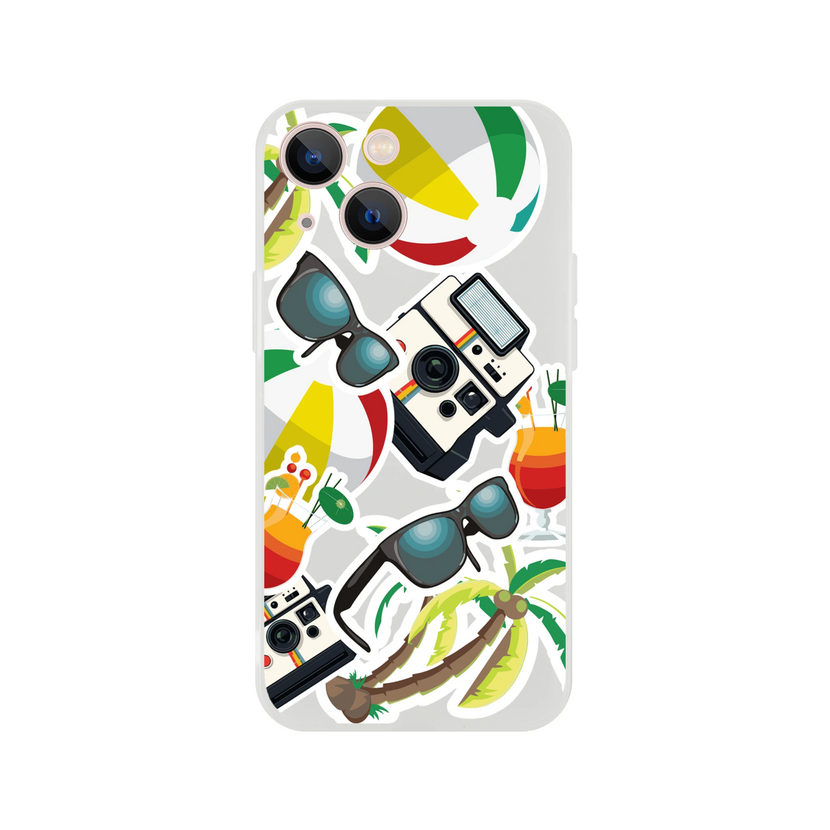 Transparent iPhone case featuring a summer sticker effect design with palm trees, sunglasses, beach balls, and retro cameras for tropical vibes.